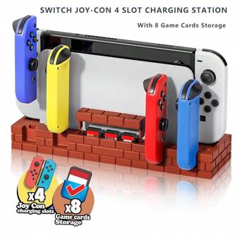 TOPWOLF 4-slot oplaadstation met opslag voor 8 gamekaarten Compatibel met Switch Joy-Con USB2.0 mannelijke stekkerinterface en ondersteuning voor originele SW-dock Ondersteuning DC5V-uitgangsvermogen en communicatiefunctie (gamecontroller niet inbegrepen)