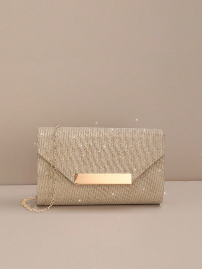 حقيبة بخطوط مربعة ذهبية معدنية ذات تصميم مغلف، أساسية لحفلات الزفاف، ملائمة تماماً مع فستان التخرج وحفلات الحفلات الراقصة