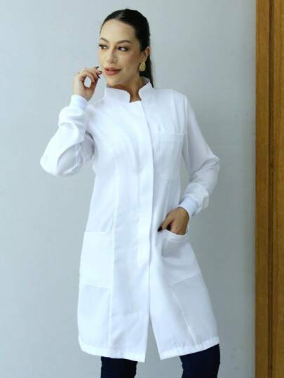 Jaleco Avental Botão Feminino Oxford Com Punho E Manga Longa Gola Padre, Acinturado, Slim