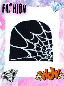 1pc Unisex Knitted Jacquard Spider Net Design Windproof & Thermal Beanie Hat For Outdoor Activities, One Size Fits All Street Halloween Skull Skeleton