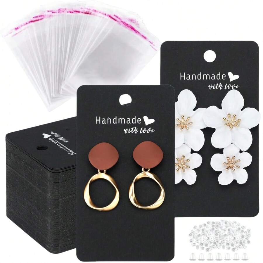 200 Pieces Earring Display Cards, Handmade With Love Earrings Holders Cards,2" X 3.5" Earring Holders For Selling, Black Earring Cards, Stud Earring Cards For Selling,Jewelry,Business(Black,Brown,White) - 200 Pieces - View 1