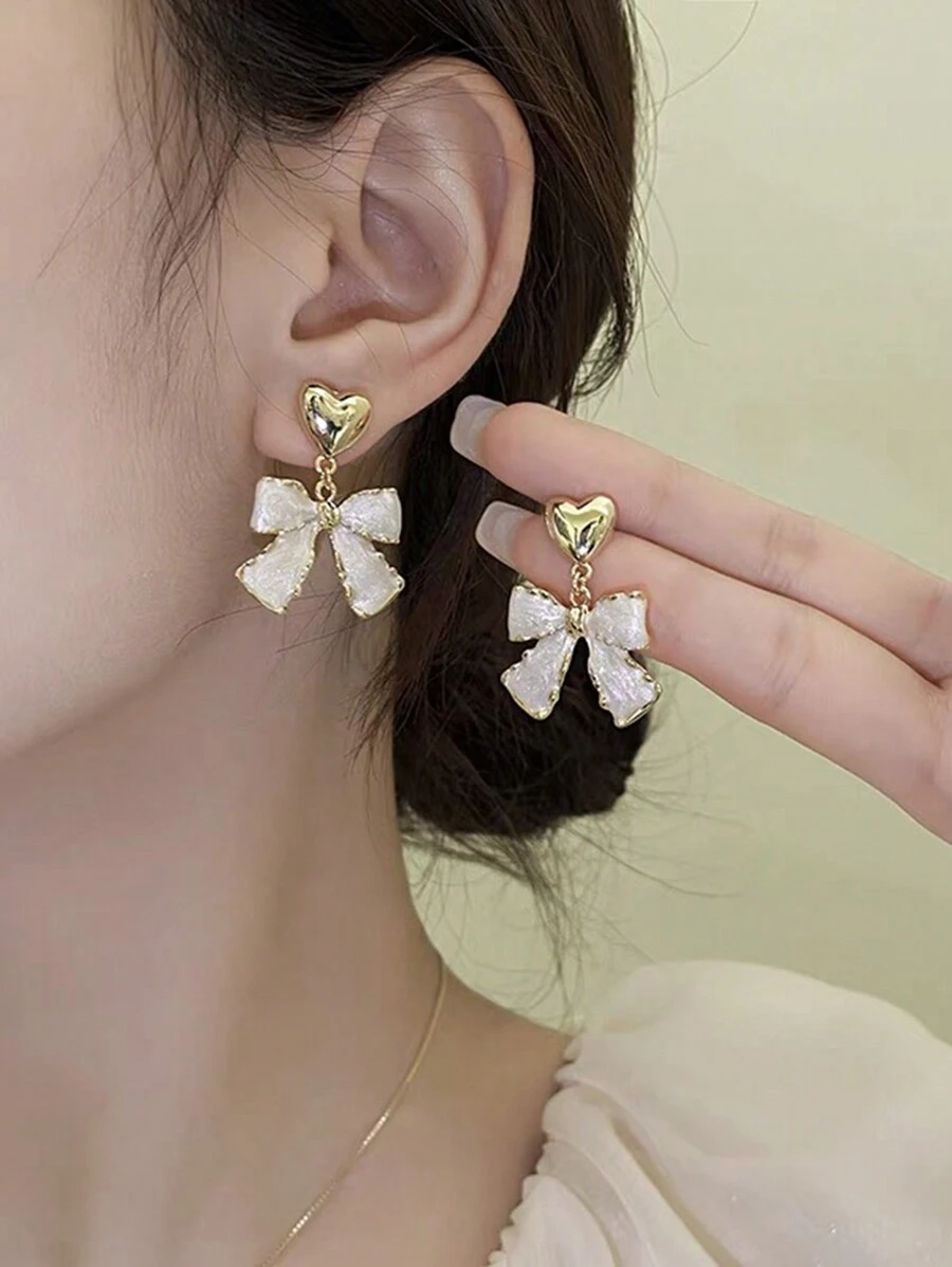 1 Pair Elegant Bowknot Heart Stud Earrings, Vintage Design Lightweight Luxury Earrings, Suitable For Women Daily And Holiday Wear - Multicolor - View 1