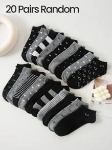 5/10/20/40 Pairs Women/Men/Kids 3-8 Years Old/Family Matching Short Socks, Black & Grey Series With Bow, Heart, Stripe, Polka Dot Patterns, Versatile & Comfortable, Suitable For Students, Adults, Gifts, Daily Wear (Multiple Combinations Available), Randomly Shipped