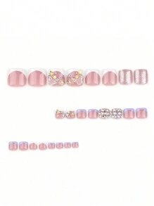 Minimalism Cute 24Pcs Handmade 3D Colorful Butterfly Gold Flower Sparkling Diamond Full Cover French Style Fashionable Luxury Nails For Any Occasion Press On Nails