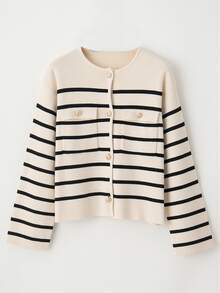Astylish Women's Round Neck Button-Up Cardigan With Flap Pockets - White - View 9