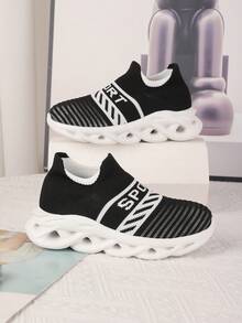 儿童针织袜式运动鞋，软底透气中童休闲运动鞋 - 黑與白 - 查看 5