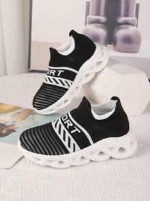 儿童针织袜式运动鞋，软底透气中童休闲运动鞋 - 黑與白 - 查看 4