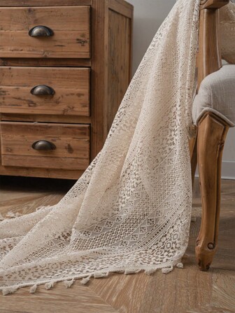 Tokoto 1 件米色几何镂空遮光窗帘，波西米亚风农舍风格流苏薄纱窗帘，隔热，适用于客厅、卧室、飘窗、餐厅、厨房，四季皆宜