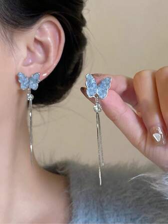 1pair Elegant & Delicate Blue Butterfly Tassel Earrings Suitable For Women To Wear On Any Occasion