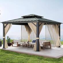 10x10 Ft Hardtop Gazebos With Heavy Duty Double Roof, Nettings And Curtains Galvanized Steel Outdoor Gazebos For Patio, Backyard, Deck, Lawn