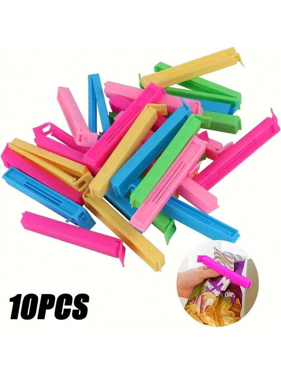10 个塑料食品袋芯片夹，可重复使用的密封夹，防潮防尘保鲜厨房收纳盒和储物配件 - 无需电力，保持食物新鲜，多种颜色，塑料封口夹零食面包密封袋家用厨房旅行储物夹（颜色随机） - 彩色 - 查看 1