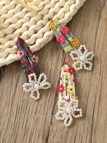1pc Handmade Beaded Flower Embroidery Hair Clip With BB Clip, Suitable For Daily Wear - Multicolor - View 6