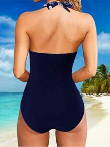 1pc Conservative Tree Leaf & Solid Color Pattern Swimsuit, Casual Beach Holiday Swimwear For Women Vacation Summer - Navy Blue - View 4