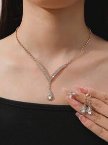 2-Piece Women Teardrop Pendant Necklace And Earrings Set, Fashion Elegant Jewelry For Wedding Party