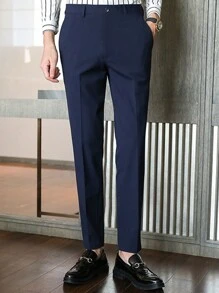 Men's Formal Black Solid Color Long Dress Pants, Gentleman's Trousers, Business Formal Style, Fall - Navy Blue - View 2