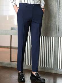 Men's Formal Black Solid Color Long Dress Pants, Gentleman's Trousers, Business Formal Style, Fall - Navy Blue - View 3