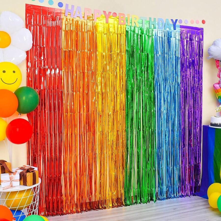 Rainbow Foil Fringe Curtains, 2 Packs Rainbow Party Decorations 3.3x6.6ft Tinsel Metallic Streamers Holiday Photo Booth Props Backdrop For Birthday Wedding Engagement Bridal Shower Unicorn Merry Christmas