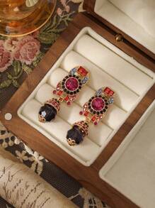 1對歐美時尚復古中世紀現代風格鍍金垂墜耳環，鑲嵌鑽石、有色寶石和水晶裝飾，適合女性日常佩戴、假日派對、正式裙禮、禮物和時尚配飾