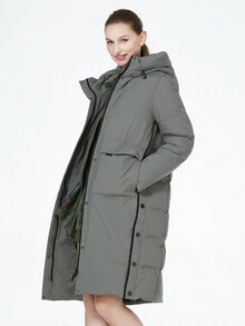 灰绿色连帽系腰口袋长袖棉服外套