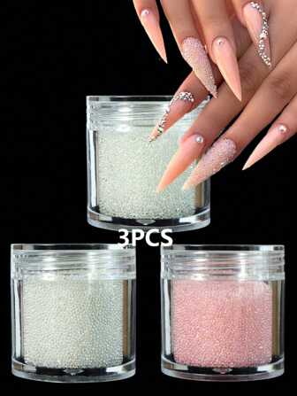 Set de 3 piezas de decoraciones para uñas con cuentas de caviar, cristales de rhinestone de vidrio, accesorios de uñas con gemas transparentes de colores AB 3D, suministros profesionales para uñas