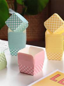 50/100pcs Square Baking Cup, High Temperature Resistant Muffin Cup  Cupcake, Pink Lattice Baking Cups, Disposable Desserts Box For Wedding, Birthday, Party Decoration, Kitchen Tools, Baker's Tools