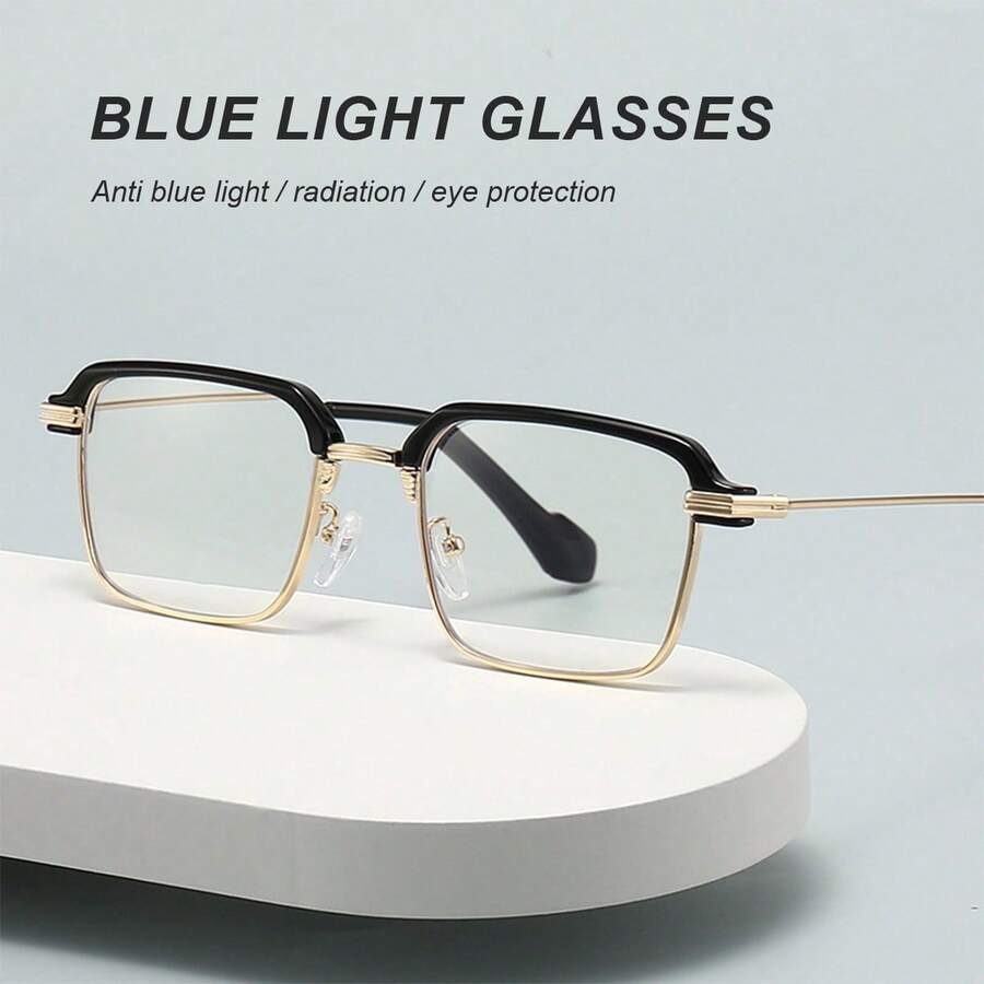 1pair Men Casual Style Eyeglasses, For Daily Life Clear Glasses,Unisex, Metal Frame, Computer Glasses, Clear Lenses, Square Eyewear. - Multicolor - View 1