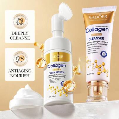SADOER 膠原蛋白潔面泡沫120毫升，卸妝乳100克-帶按摩刷頭的洗面泡沫-提亮膚色，補水控油，深層清潔，韓國日常護膚必需品