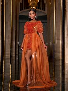 Faeriesty Váy dự tiệc cocktail cho nữ, váy dự tiệc cưới bán trang trọng thanh lịch, dự tiệc sinh nhật, tốt nghiệp, tiệc tối, tiệc về quê - trái cam - Xem 4