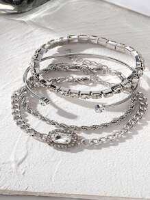 4入組鑲嵌閃石手鍊系列，包括適合女性的多功能優雅手鍊 - 銀色 - 查看 3