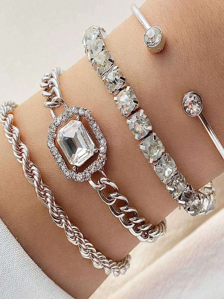 4入組鑲嵌閃石手鍊系列，包括適合女性的多功能優雅手鍊 - 銀色 - 查看 1