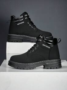 Men's Fashionable Round Toe PU Leather High-Top Thick-Sole Anti-Slip & Wear-Resistant Comfortable Boots, Lace-Up