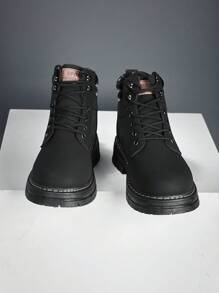 Men's Fashionable Round Toe PU Leather High-Top Thick-Sole Anti-Slip & Wear-Resistant Comfortable Boots, Lace-Up