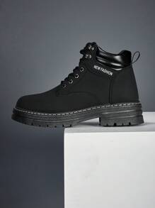 Men's Fashionable Round Toe PU Leather High-Top Thick-Sole Anti-Slip & Wear-Resistant Comfortable Boots, Lace-Up