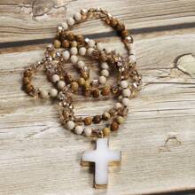 1pc Springtime Fashion Bohemia Style Natural Stone & Glass Beads Knotted Necklace With Cross Pendant, For Sweater Chain
