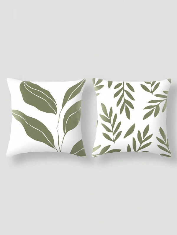 2 piezas/Juego Funda de almohada con estampado de hojas verdes y letras, funda de cojín, 45cm*45cm/17.8in*17.8in cuadrado, estilo moderno y sencillo, impresión unilateral, suave y cómoda, decoración del hogar (no incluye relleno de almohada)