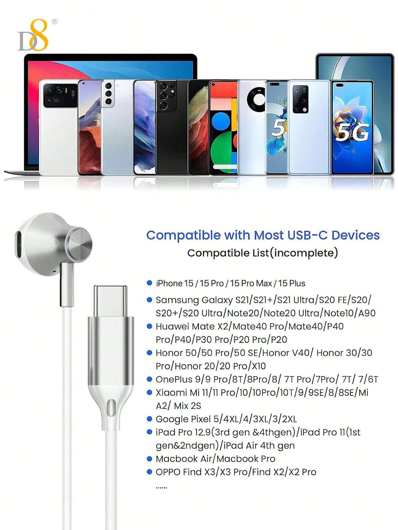 D8 D8 Type C Headphones In Ear Earphones Earbuds With Mic And Volume