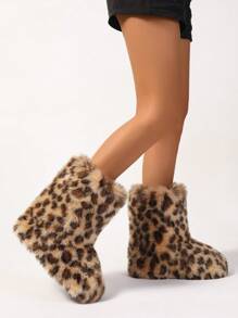 Leopard Print & Polka Dot Furry Snow Boots For Women, Plush, Thick, Warm, Fluffy Lined Mid-Calf Colored Shearling Boots