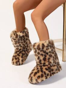 Leopard Print & Polka Dot Furry Snow Boots For Women, Plush, Thick, Warm, Fluffy Lined Mid-Calf Colored Shearling Boots