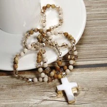 1pc Springtime Fashion Bohemia Style Natural Stone & Glass Beads Knotted Necklace With Cross Pendant, For Sweater Chain