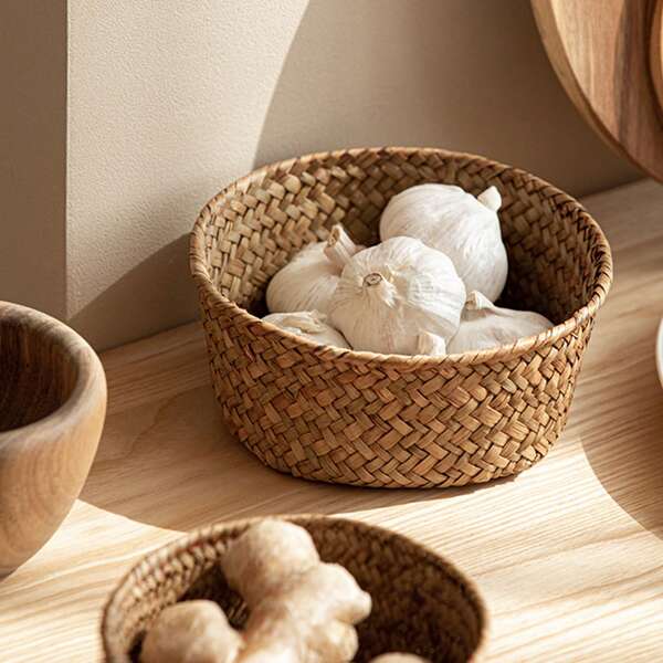 Panier de rangement tressé, rond, pour l'ail et le gingembre de la cuisine, organisateur de table d'entrée