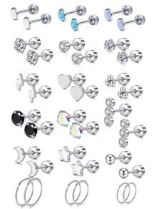 CIZME 2 piezas Pendientes de cartílago con circonita cúbica y ópalo plateado, anillos para el labio, joyería de piercing para cartílago/trago/hélice/concha, pendientes de cartílago/trago/hélice de acero inoxidable para mujer, pendiente de cartílago de 16G, pendientes de hélice con respaldo plano para cartílago, concha, joyería de piercing para mujer, pendientes de trago de 16G para mujer, pendientes de cartílago con respaldo plano de acero inoxidable, pendientes de botón con respaldo plano para labrete, concha, hélice, cartílago, trago, joyería de piercing