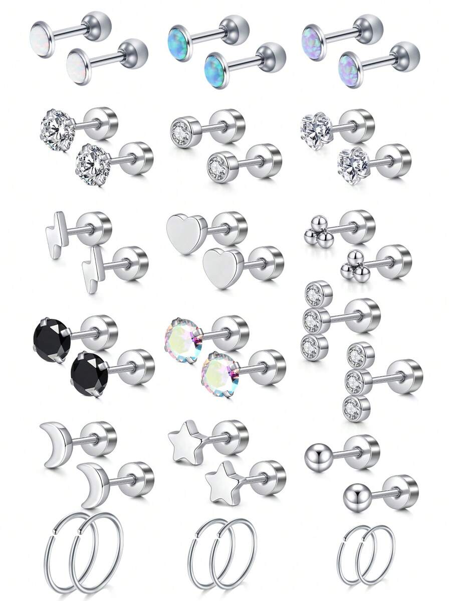 CIZME 2 piezas Pendientes de cartílago con circonita cúbica y ópalo plateado, anillos para el labio, joyería de piercing para cartílago/trago/hélice/concha, pendientes de cartílago/trago/hélice de acero inoxidable para mujer, pendiente de cartílago de 16G, pendientes de hélice con respaldo plano para cartílago, concha, joyería de piercing para mujer, pendientes de trago de 16G para mujer, pendientes de cartílago con respaldo plano de acero inoxidable, pendientes de botón con respaldo plano para labrete, concha, hélice, cartílago, trago, joyería de piercing
