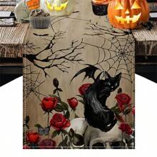 Camino de mesa de Halloween, cráneo retro, gato negro, telaraña, esqueleto de rosa, decoración de mesa de cocina y comedor, mantel de mesa de fantasma de Halloween adecuado para suministros de fiesta en interiores y exteriores, mejores regalos