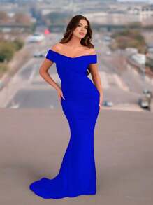 Vestido largo corte de sirena ajustado para fiesta para mujer - Azul - Ver 2