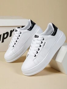 2024新款女士白鞋英伦风纯白系带真皮鞋面运动鞋圆头低帮平底滑板鞋时尚透气防滑学生白色休闲鞋 - 黑與白 - 查看 1