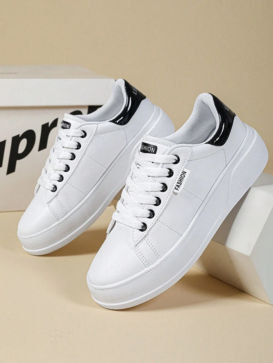 2024新款女士白鞋英伦风纯白系带真皮鞋面运动鞋圆头低帮平底滑板鞋时尚透气防滑学生白色休闲鞋 - 黑與白 - 查看 1