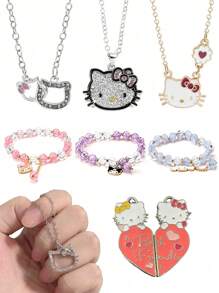 Sanrio Genuine Sanrio Bracelet Cute Hello Kitty Pendant Sweet Necklace Kitty Cat Kuromi My Melody Cinnamoroll Set Birthday Gifts Cartoon Jewelry Accessories (Some Parts May Be Random)