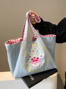 2024年新款新鮮對比色雙肩包，大容量手提包，休閒風格格紋刺繡帆布包，大學生背包兼容 - 淺藍色 - 查看 10