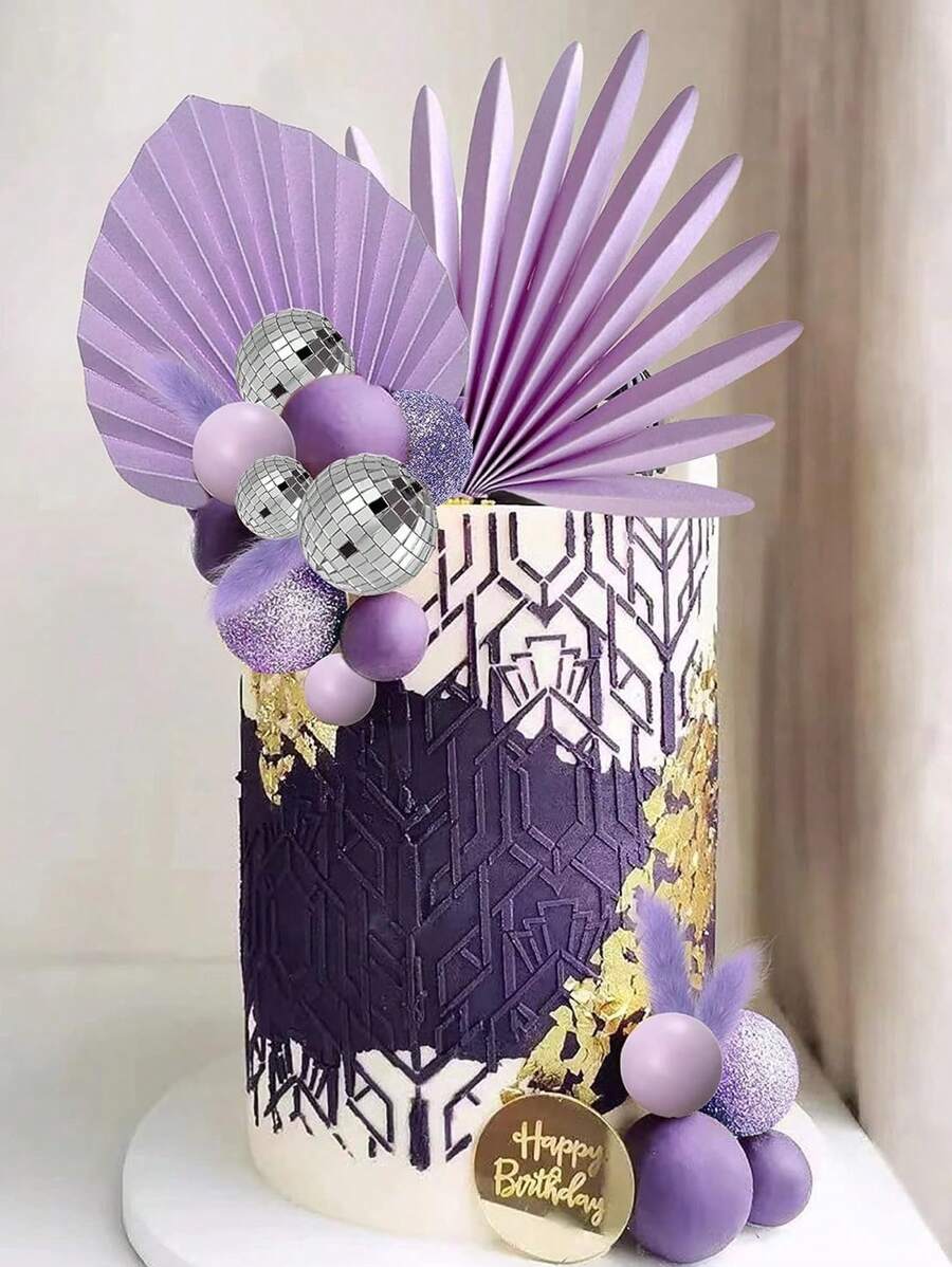 21 件波西米亚蛋糕装饰，紫色和银色棕榈叶纸扇和泡沫球蛋糕装饰，紫色和激光迪斯科球蛋糕装饰，紫色烘焙装饰用品，适用于洗礼生日婚礼蛋糕装饰，女士派对蛋糕装饰，圣诞节 - 紫銀 - 查看 1