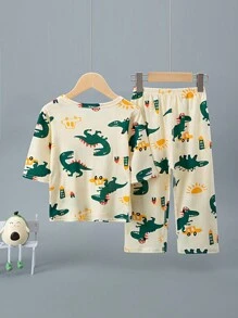 Set haine de acasă 4 buc pentru băieți tineri, pijamale subțiri de vară cu imprimeu de dinozaur, design fără cusături, mâneci 3/4 și pantaloni, fără costum